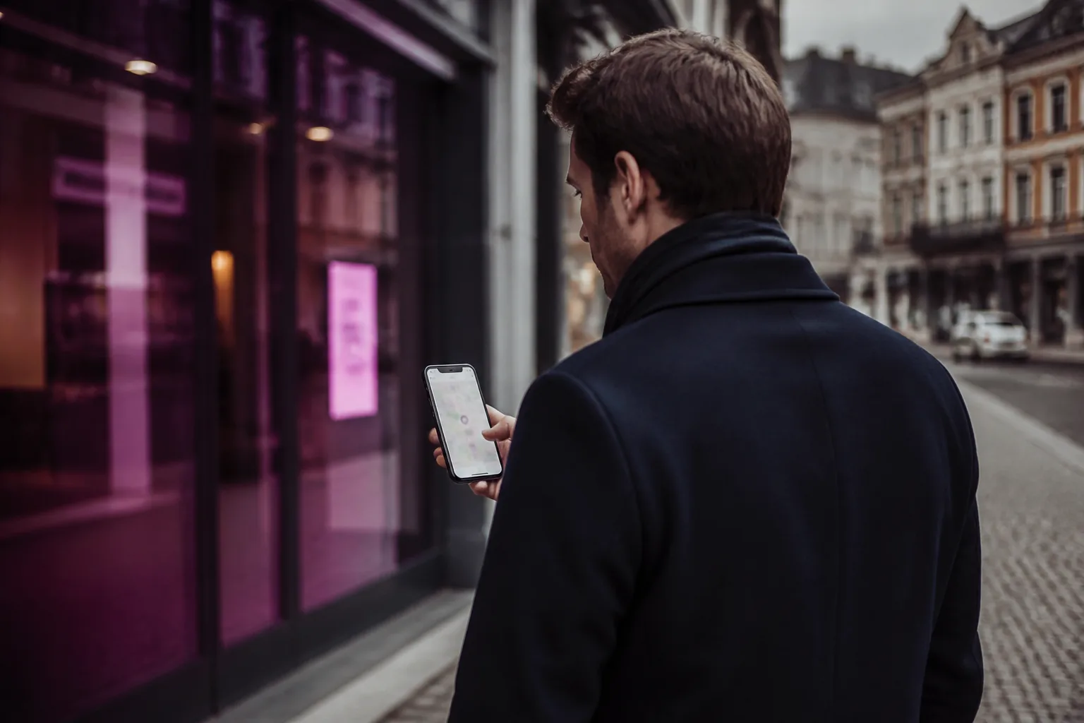 Een klant zoekt onderweg naar een lokale zaak op een smartphone
